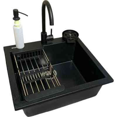 Мойка кухонная Adamant Univer чорний + змішувач + дозатор + ополіскувач склянок + коландер (4824296106603) Винница