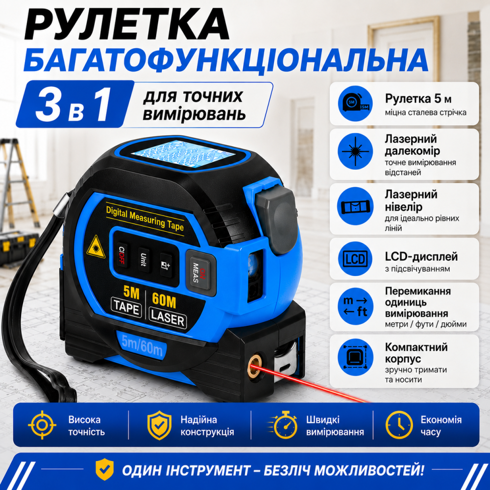 Рулетка 3в1 вимірювальна 5 м, лазерна 60 м та нівелір 90° з метричною та дюймовою системою, дисплеєм, mod.D13337 Кам'янець-Подільський - фото 1