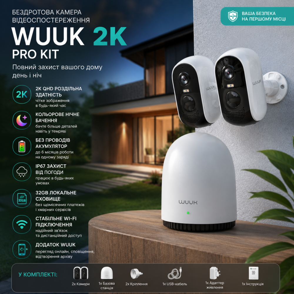Беспроводная камера видеонаблюдения WUUK 2K WiFi с базовой станцией, цветное ночное видение, 32GB локальной памяти, IP67 Киев - изображение 1