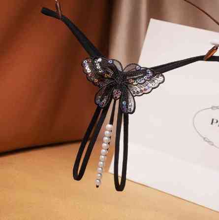 Еротичні трусики чорні жіночі з розрізом і перлами - розмір універсальний (на резинці) Київ