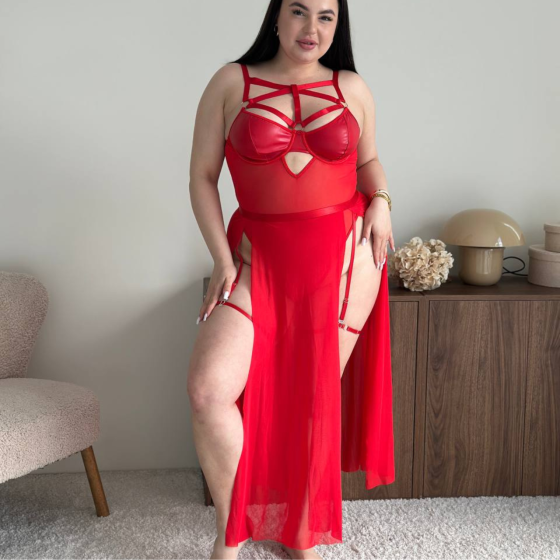 Сексуальне жіноче боді plus size зі спідницею та гартерами великих розмірів на бретельках із відкритою спиною з кісточками червоне Одеса