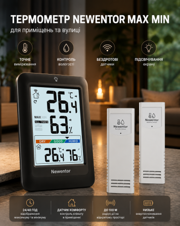 Бездротова метеостанція Newentor з 2 датчиками — Термометр-гігрометр, VA-дисплей з підсвіткою, запис Max/Min, IP54 Київ
