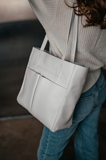 Сумка тоут кожаная большая женская Юта Белая 28*30*12 см, сумка шопер бела стильная с карманамиMasterSem Киев - изображение 2