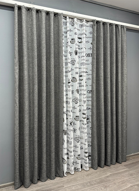 Комплект штор VR-Textil Лен Мешковина 100х270 2шт и Тюль 300х270 108ш-1791т Серый с белым 71-061/1 Киев - изображение 3