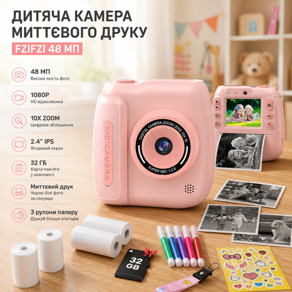 Детская камера мгновенной печати FZIFZI 48 МП, 1080P, 32 ГБ, 3 рулона бумаги, 2.4