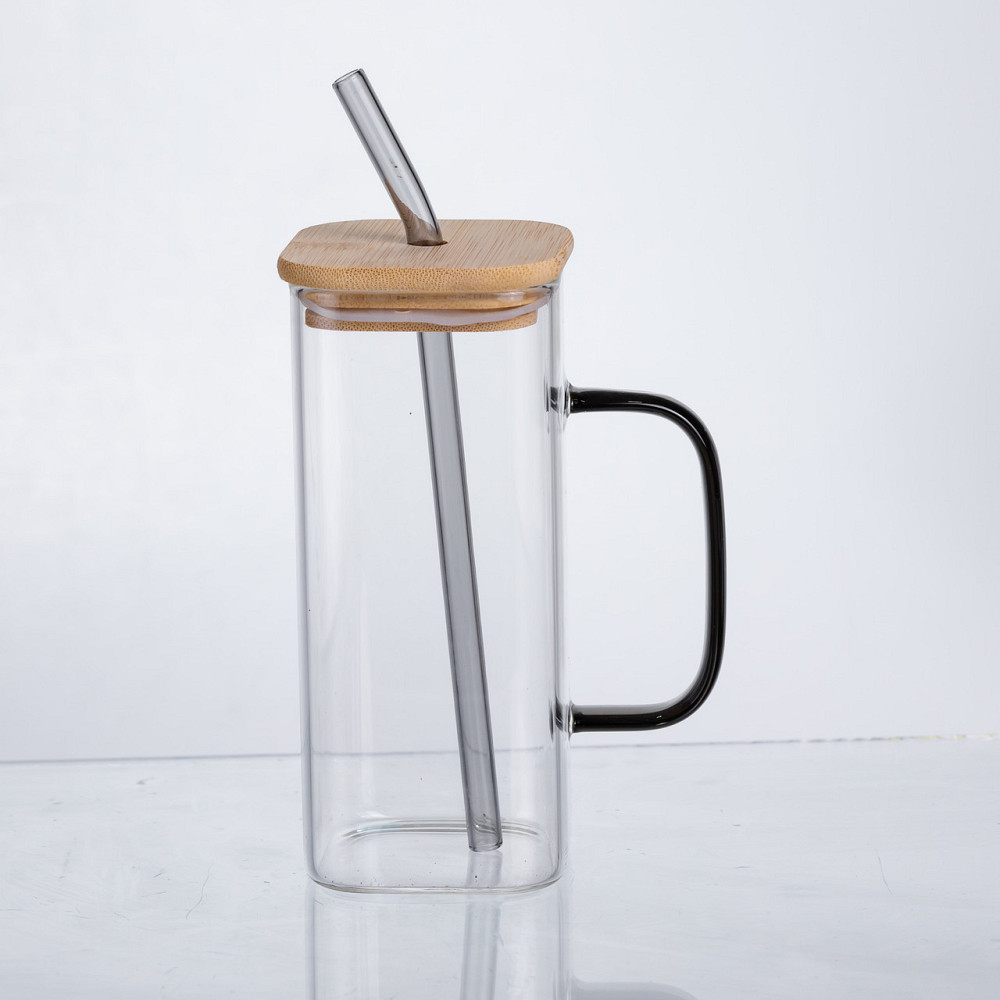 Yiwu Чашка скляна 400 мл з бамбуковою кришкою та скляною трубочкою HP-19-146 Коломия - фото 1
