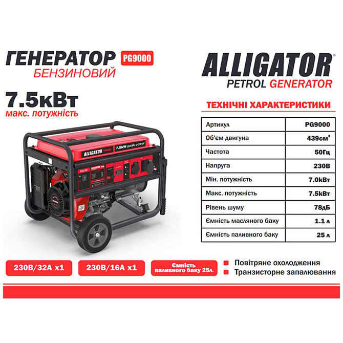 Генератор Alligator бензиновый 7,5кВт (ном 7,0кВт) Днепр - изображение 2