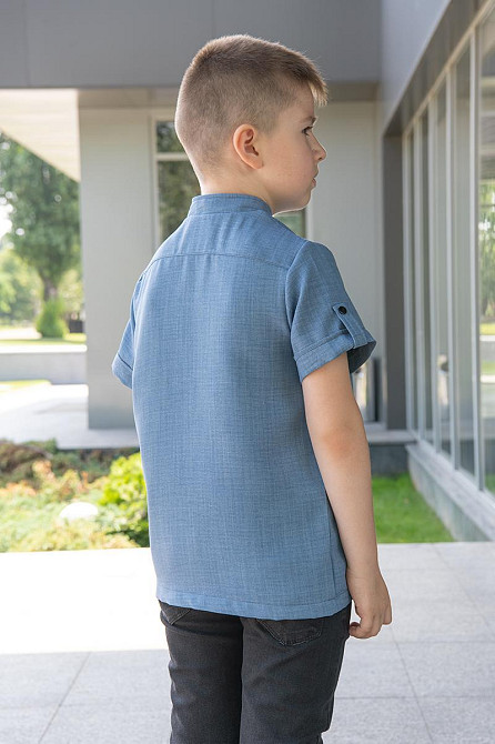 Сорочка дитяча лляна колір джинс для хлопчиків із коротким рукавом, льон, топ Юрма одяг Київ - фото 5