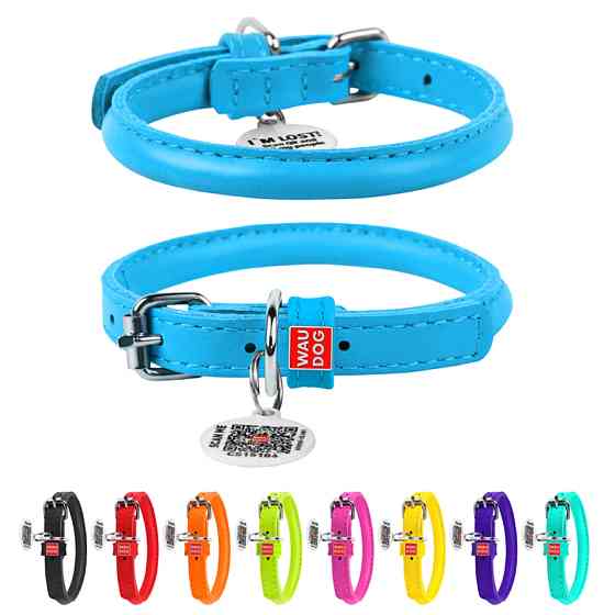 Нашийник для собак шкіряний WAUDOG Glamour з QR паспортом, круглий, Д 6 мм, Дов 17-20 см блакит Коломыя