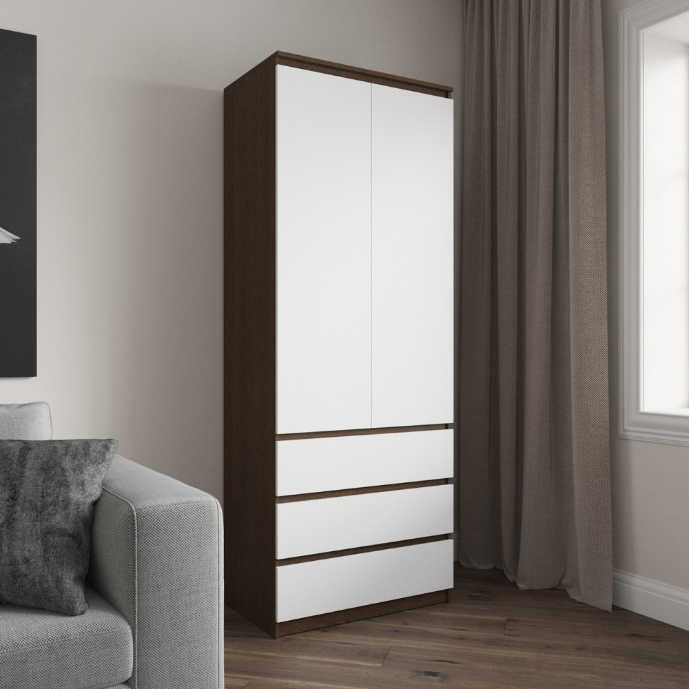 Шафа для одягу VAYS R-16 Венге Темний-Білий фасад, 3 шухляди, полиці, без ручок, ЛДСП, 80×50×211 см – для спальні, вітальні, передпокою Львів - фото 1