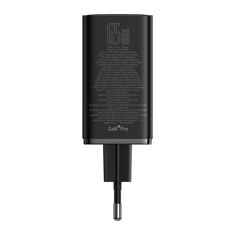 Мережевий зарядний пристрій з кабелем Baseus GaN6 Pro Fast Charger 2C+2U 65W  EU Cluster Black((With Type-C to Type-C 100W(20V/5A) Київ - фото 3