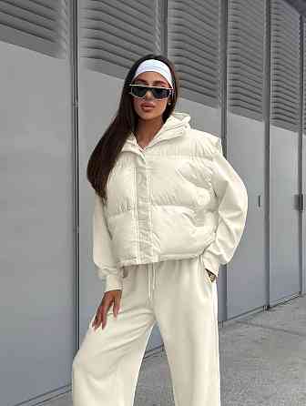 Жіночий стильний теплий костюм-трійка з турецької двонитки + плащівка емі Айворі, 42 Одеса