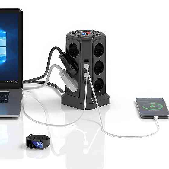 Подовжувач переноска мережева на 12 розеток з 5 USB довжина 1.8м, в кольорі чорний Кам'янець-Подільський