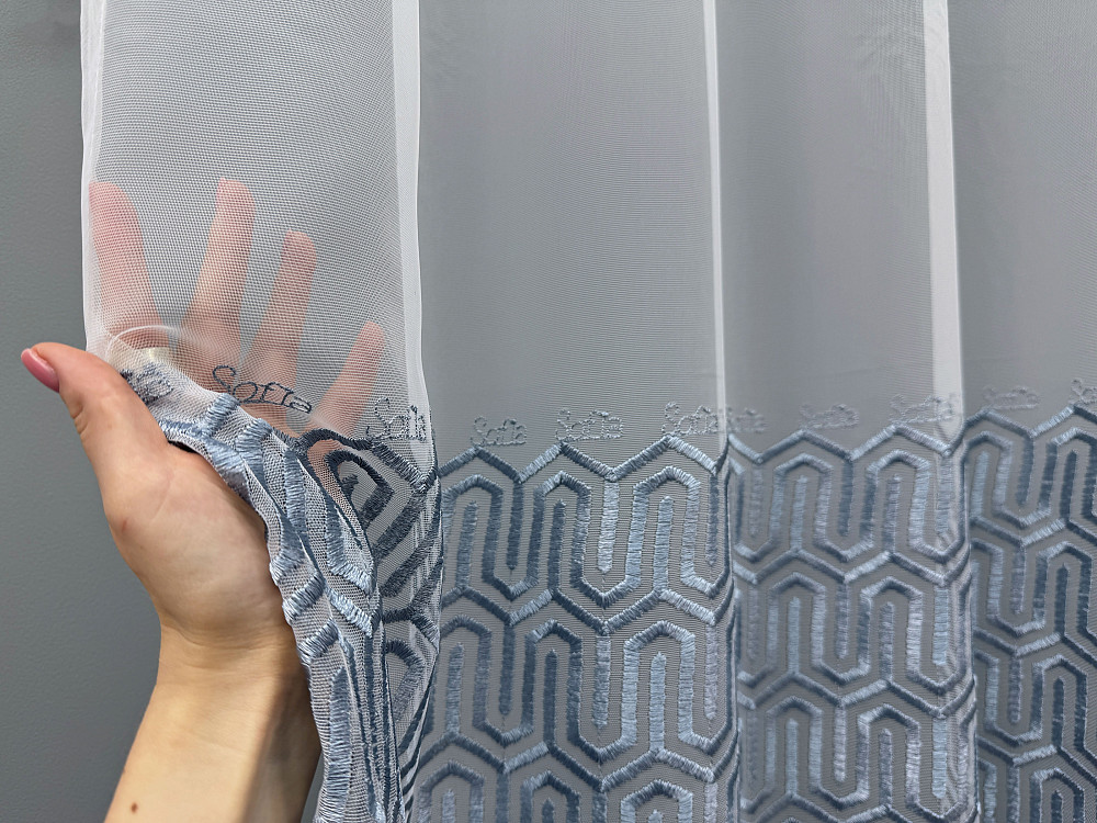 Тюль VR-Textil 1519т Фатин з вишивкою Білий з сіро-блакитним 250х250 см (49-346) Київ - фото 6