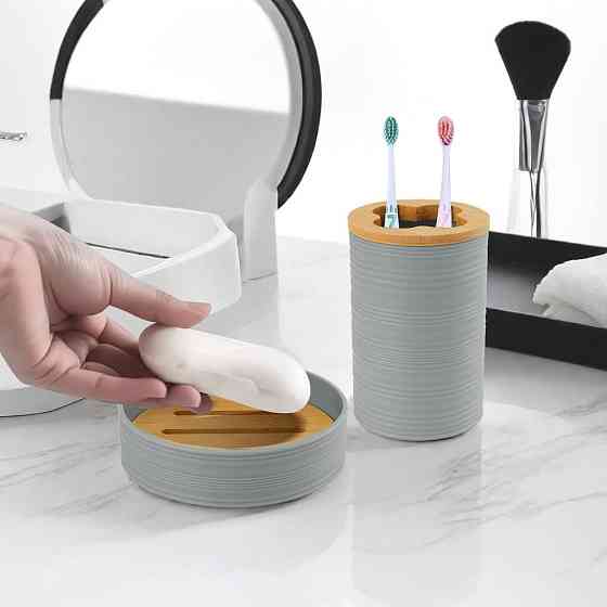 Набор аксессуаров 4в1 для ванной и душа, мыльница,дозатор для мыла, стаканы,пластик серый Каменец-Подольский