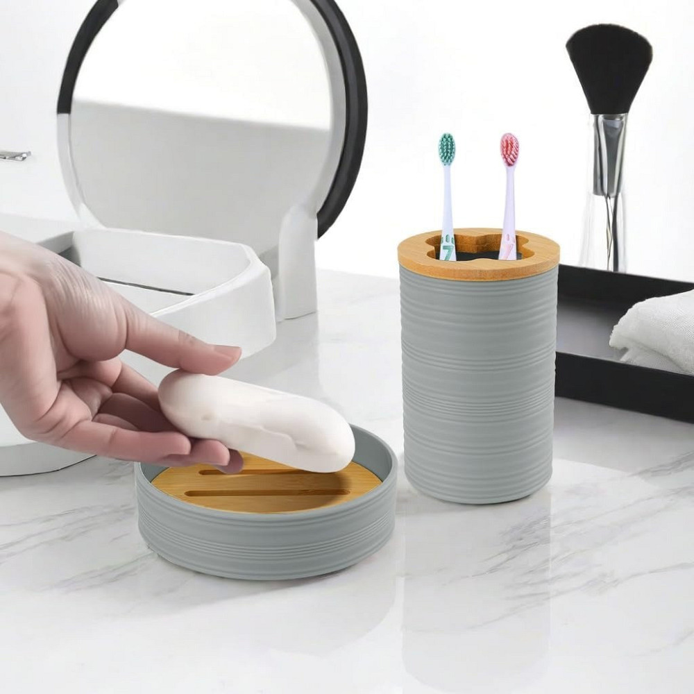 Набор аксессуаров 4в1 для ванной и душа, мыльница,дозатор для мыла, стаканы,пластик серый Каменец-Подольский - изображение 2