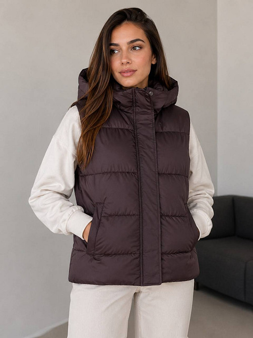 Жилетка женская Lady Yep 7015-2 с капюшоном средняя длина коричневая, коричневый, 44 Киев - изображение 6