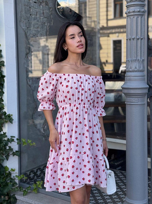 Женское романтическое легкое принтованное платье с открытыми плечами муслин Розовый 2, 42/44 Одесса - изображение 3