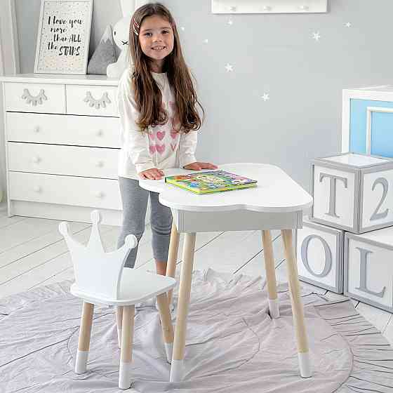Столик хмаринка з відкидною нішею 54х68х50 і стільчик корона 26х26х24, стіл та стілець в дитячу, білий Київ