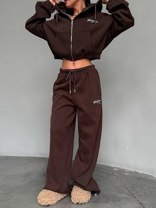 Жіночий теплий прогулянковий костюм-двійка: кофта та штани тринитка на флісі Шоколадний, 46/48 Одеса - фото 1