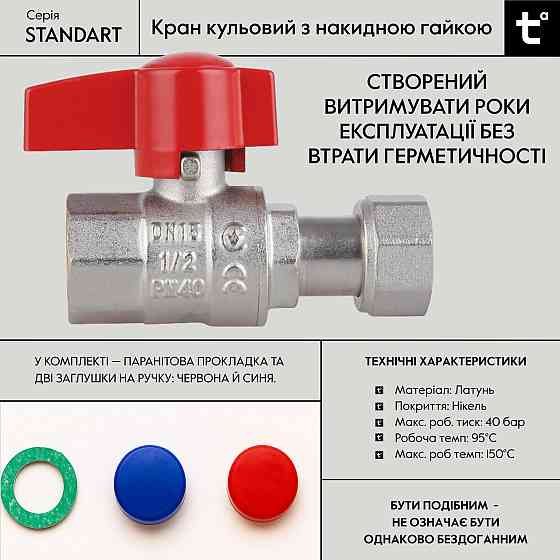 Кран кульовий 1/2" ВВ прямий, PN40, з накидною гайкою Standart TAS260W15 Thermo Alliance Київ