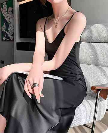 Жіноче мідіплаття-комбінація на тонких бретелях шовк Чорний Одеса