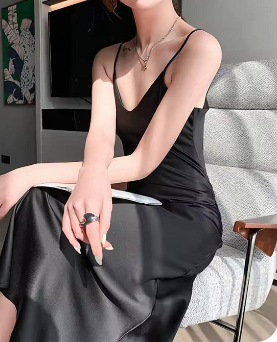 Жіноче мідіплаття-комбінація на тонких бретелях шовк Чорний Одеса - фото 2