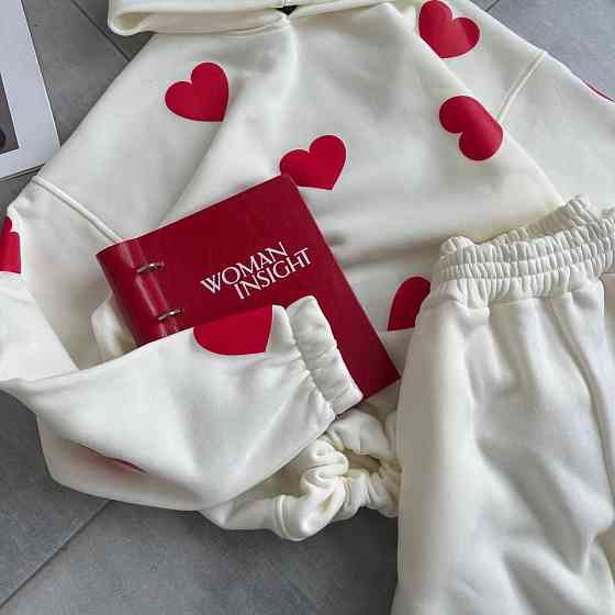 Жіночий теплий костюм-двійка з сердечками тринитка на флісі Молочний, 42/46 Одеса