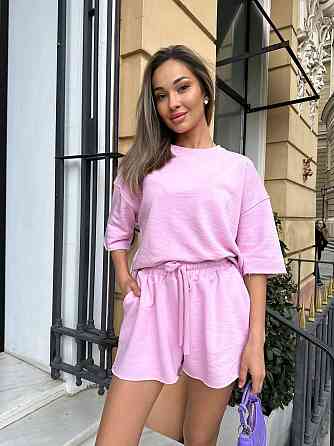 Жіночий повсякденний прогулянковий костюм-двійка: футболка та шорти турецька петля пеньє 100% бавовна Рожевий, 46/48 Одеса