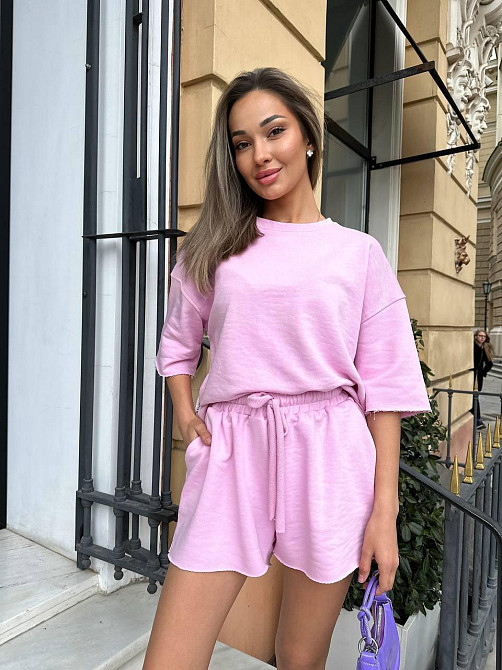 Жіночий повсякденний прогулянковий костюм-двійка: футболка та шорти турецька петля пеньє 100% бавовна Рожевий, 46/48 Одеса - фото 4