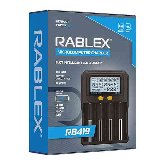 Зарядний пристрій Rablex RB419 — 4 слоти, 2A, LCD-дисплей, тест ємності, підтримка QC/PD, для Li-i Дніпро