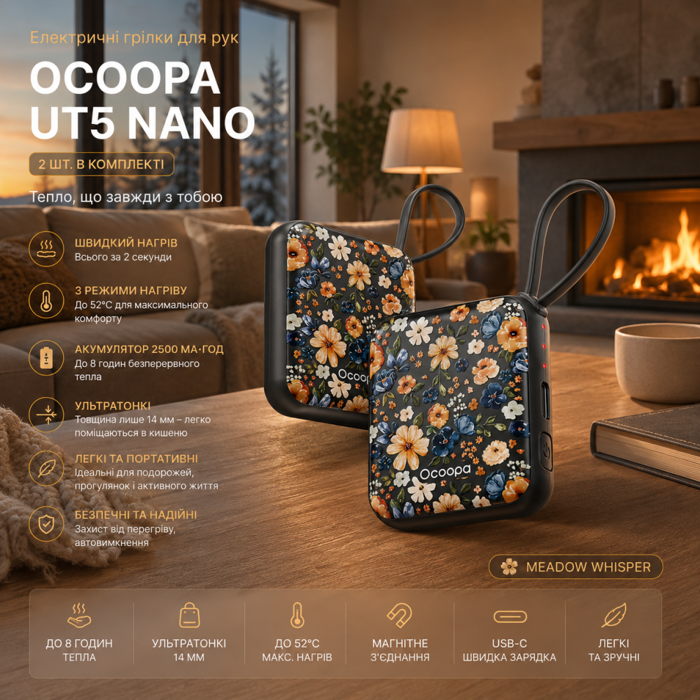 Електричні грілки для рук OCOOPA UT5 Nano 2 шт. | Акумуляторні, ультратонкі 14 мм, швидкий нагрів 2 с, 3 режими до 52°C, Meadow Wh Київ - фото 8
