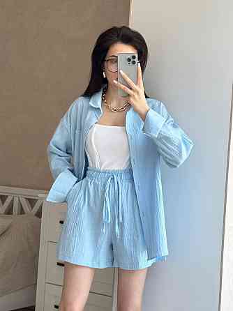 Жіночий літній костюм-двійка: сорочка та шорти турецький льон жатка Блакитний, 46/48 Одеса