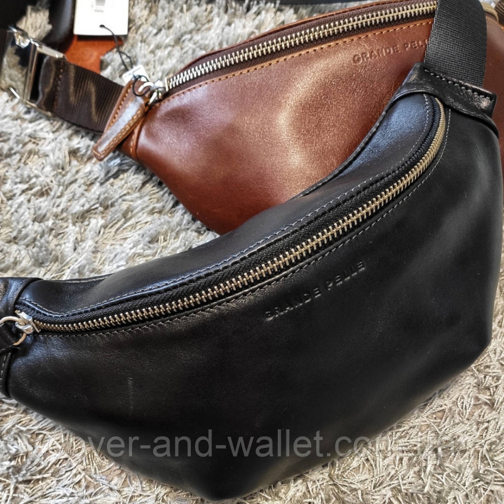 Чёрная сумка бананка на пояс среднего размера из итальянской кожи Grande Pelle 741610 Киев - изображение 5