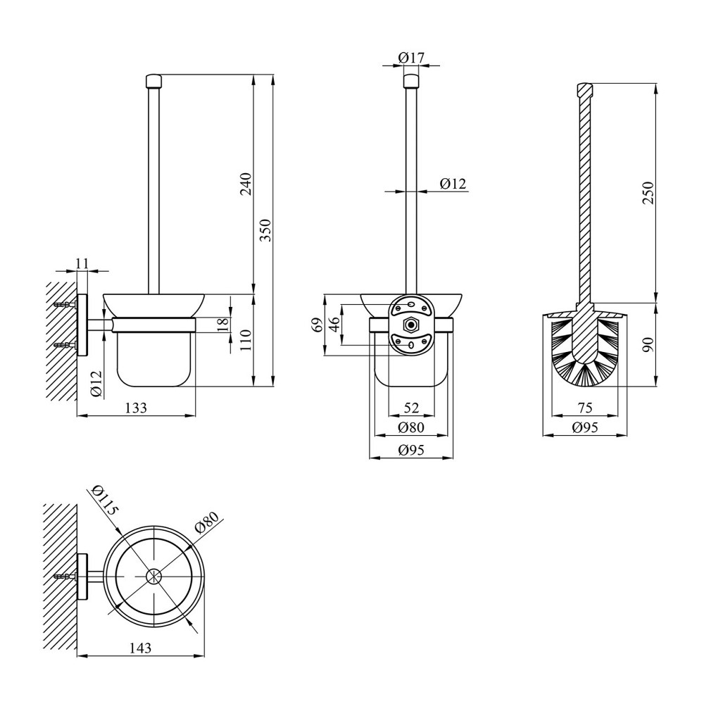 Йоржик для унітаза настінний Kroner KRM Elbe - ACG2910 хром/білий Київ - фото 2