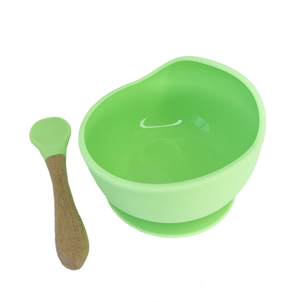 Силиконовая тарелка на присоске с деревянной ложкой MGZ-0103(Green) 300 мл Винница - изображение 1