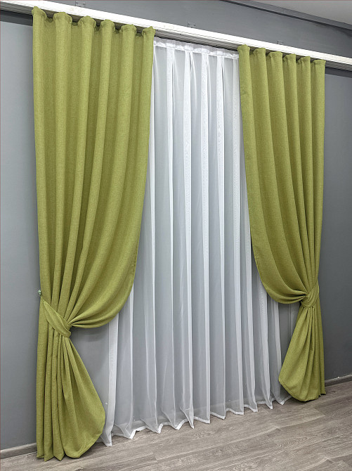 Комплект готовых штор VR-Textil Лен Мешковина № 106ш Оливковый 150х270см 2 шт (30-021) Киев - изображение 3