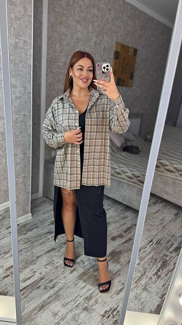 Женская оверсайз рубашка в клетку турецкая фланель Беж, 50/56 Одесса - изображение 2