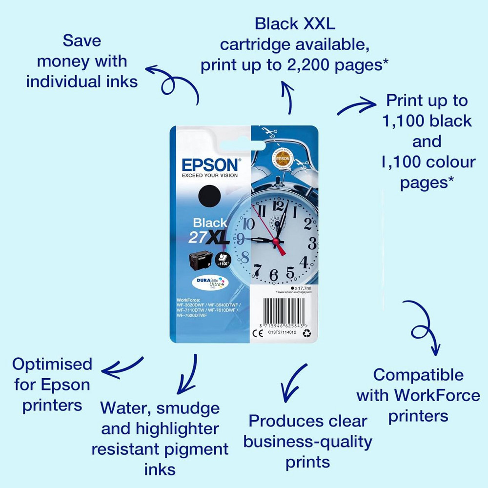 Картридж Epson 27XL Black C13T27114012 Черный DuraBrite Ultra XL High Yield 2200 стр. совместим для Киев - изображение 2