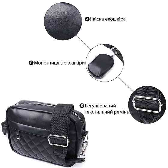 Удобная женская сумка кросс-боди с монетницей из экокожи Vintage 22796 Черный Киев