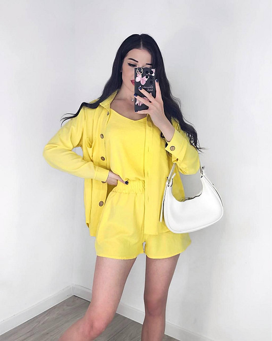 Жіночий легкий костюм-трійка: сорочка, майка та шорти креп жатка Лимонний, 44/46 Одеса - фото 3