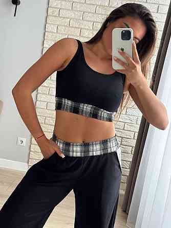 Женский прогулочный костюм тройка: рубашка в клетку топ и штаны фланель + двунитка Серый, 42/44 Одесса