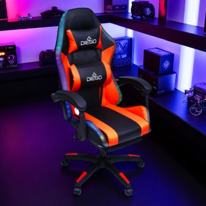 Геймерське крісло DIEGO з підставкою для ніг, масажем та LED-підсвіткою – Чорно-червоне, витримує до 150 кг Львів - фото 8