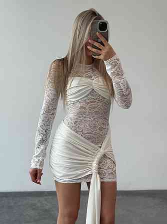 Женское привлекательное платье с юбкой гипюр + микродайвинг Молочный, 44/46 Одесса