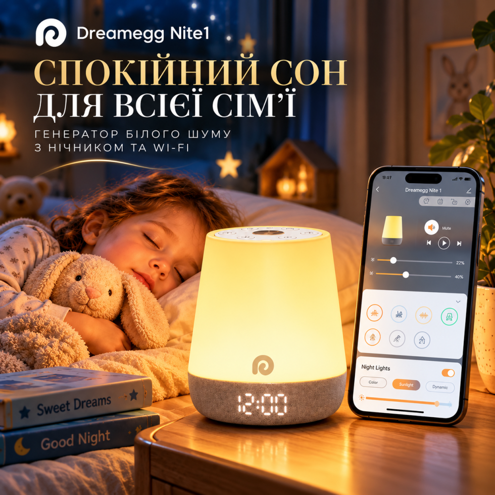 Dreamegg Nite 1 генератор білого шуму для дітей, 34 звуки, нічник, Wi-Fi, розумний годинник-тренер для сну Київ - фото 1