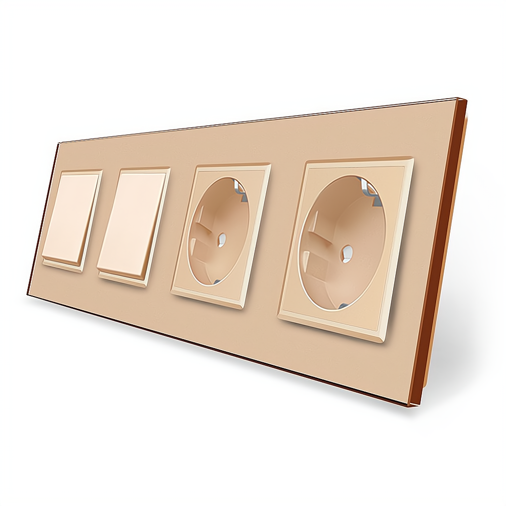 LIVOLO Двоклавішний вимикач (1-1) з подвійною розеткою Livolo золотий скло (VL-C7K1/K1/FCTC16A/ Коломия - фото 1