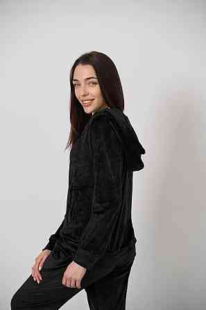 Женский велюровий костюм на змейке с капюшоном Черный S Харьков