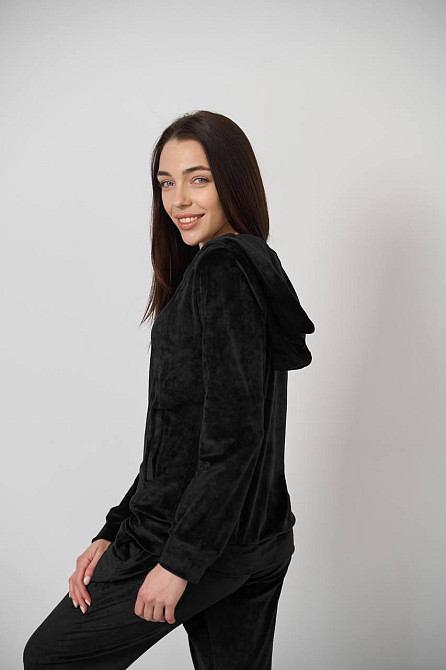 Женский велюровий костюм на змейке с капюшоном Черный S Харьков - изображение 3