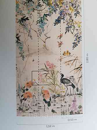 Шпалери вінілові Grandeco One roll one motif 1.59x2.8 панно птиці гілки квіти блакитні рожеві Київ