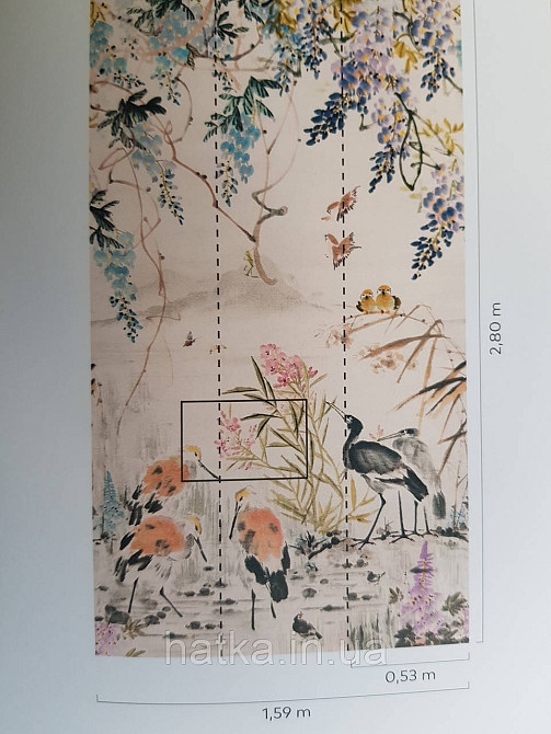 Шпалери вінілові Grandeco One roll one motif 1.59x2.8 панно птиці гілки квіти блакитні рожеві Київ - фото 4